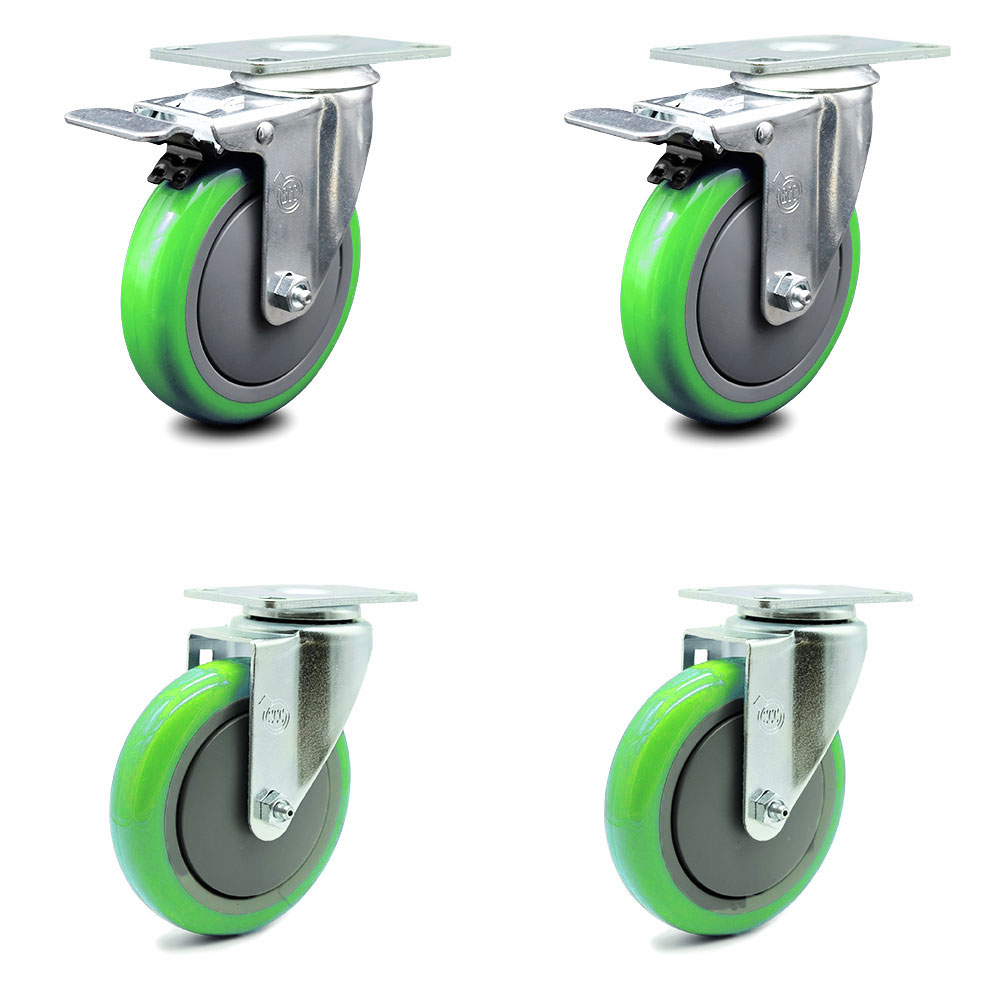 Polyurethane Swivel Top Plate Caster Set of 4 with 5 Inch Green Wheels - Includes 2 Swivel with Total Locking Brakes and 2 Swivel - 1400 lbs. Total Capacity - Service Caster Brand — photo 1