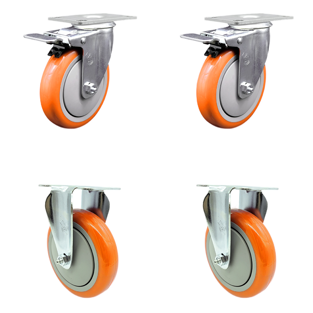 Polyurethane Swivel Top Plate Caster Set of 4 with 5 Inch Orange Wheels - Includes 2 Swivel with Total Locking Brakes and 2 Rigid - 1400 lbs. Total Capacity - Service Caster Brand — photo 1