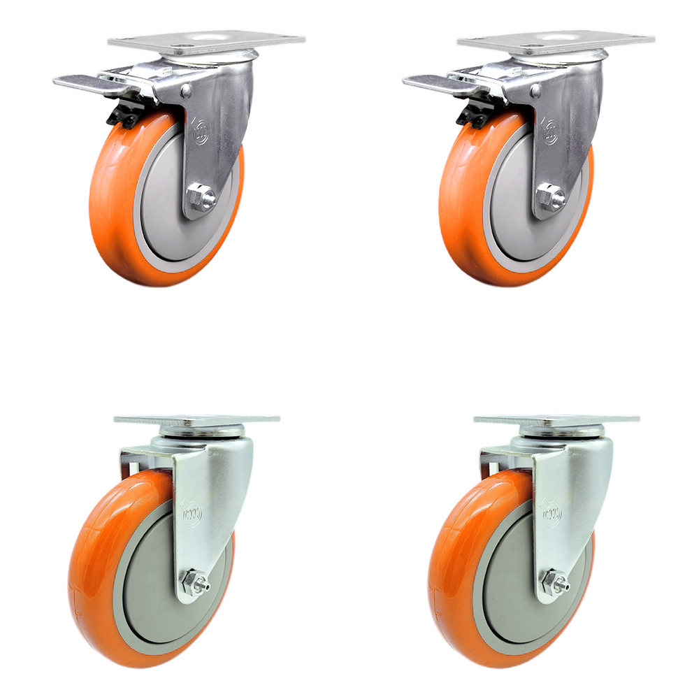 Polyurethane Swivel Top Plate Caster Set of 4 with 5 Inch Orange Caster Wheels - 316 Stainless Steel Casters - Includes 2 Swivel with Total Lock Brakes and 2 Swivel - Service Caster Brand — photo 1
