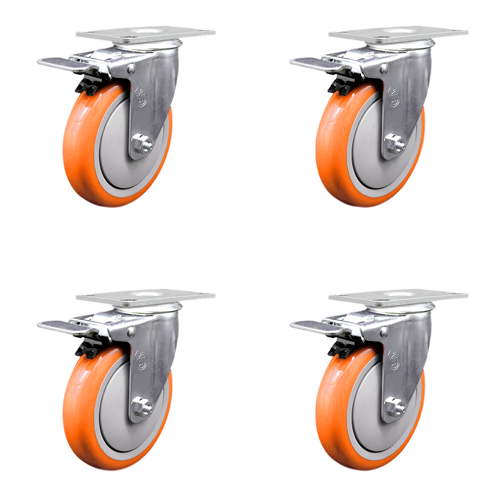 Polyurethane Swivel Top Plate Caster Set of 4 with 5 Inch Orange Wheels - Includes 4 Swivel with Total Lock Brakes - 1400 lbs. Total Capacity - Service Caster Brand — photo 1