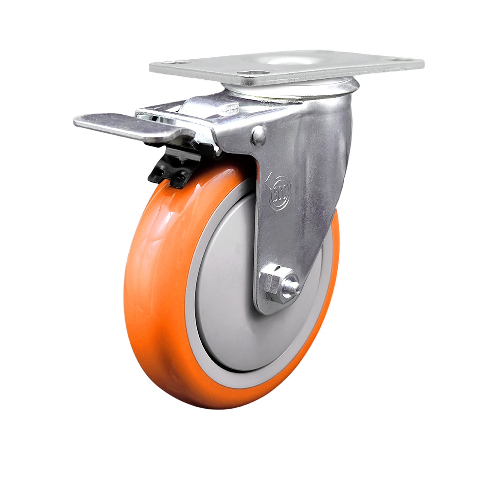 Service Caster Brand Replacement for Colson Caster 2.05256.95 BRK5 - Polyurethane Swivel Top Plate Caster with 5 Inch Orange Wheel and Total Locking Brake - 350 lbs. Capacity Per Caster — photo 1