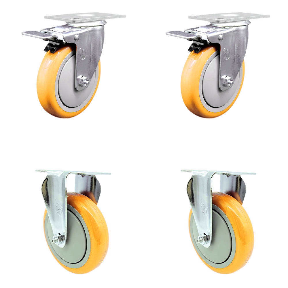 Polyurethane Swivel Top Plate Caster Set of 4 with 5 Inch Yellow Wheels - Includes 2 Swivel with Total Locking Brakes and 2 Rigid - 1400 lbs. Total Capacity - Service Caster Brand — photo 1