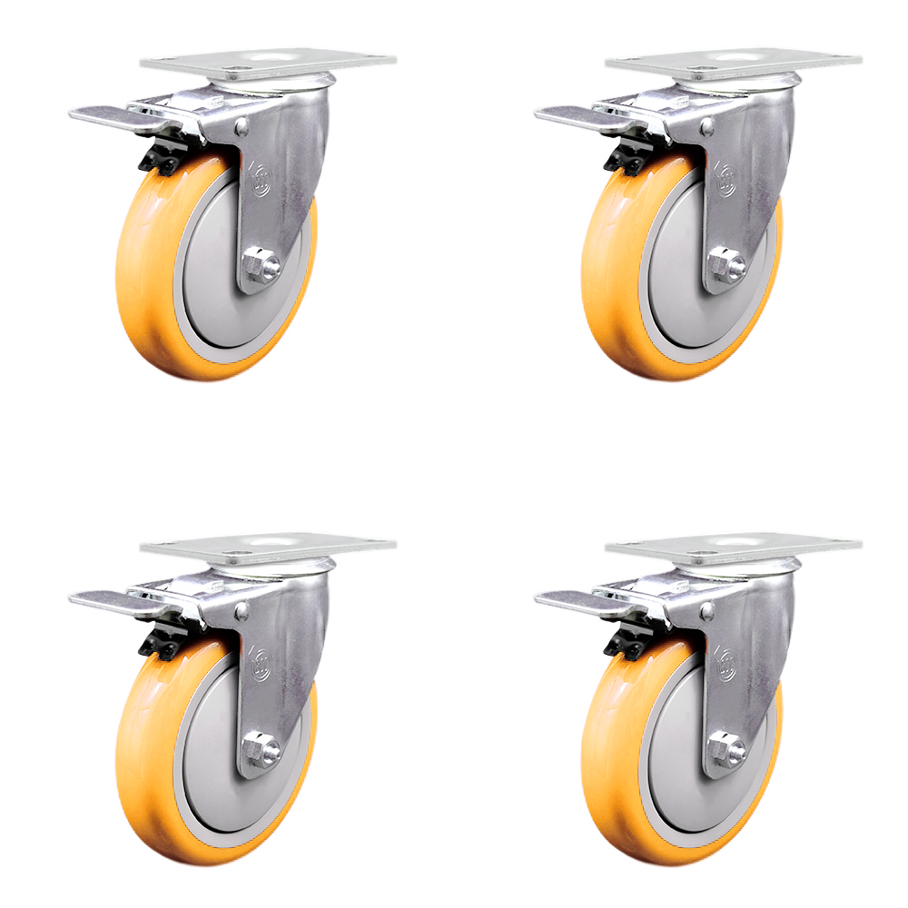 Polyurethane Swivel Top Plate Caster Set of 4 with 5 Inch Yellow Wheels - Includes 4 Swivel with Total Lock Brakes - 1400 lbs. Total Capacity - Service Caster Brand — photo 1