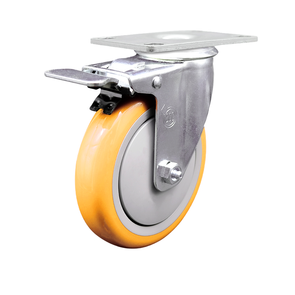 Polyurethane Swivel Top Plate Caster with 5 Inch Yellow Caster Wheel and Total Lock Brake - 316 Stainless Steel Caster - 350 lbs. Capacity Per Caster - Service Caster Brand — photo 1