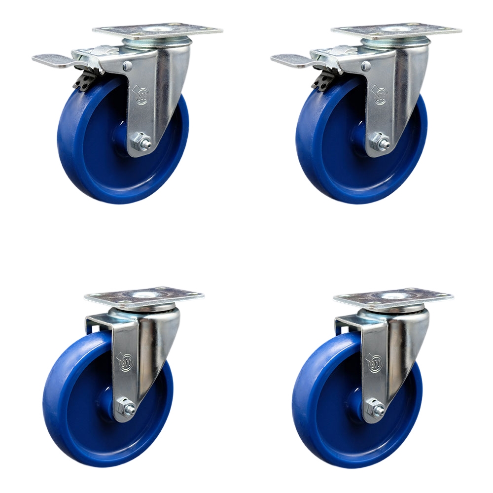 Solid Polyurethane Swivel Top Plate Caster Set of 4 w/5" x 1.25" Blue Wheels - Includes 2 Swivel with Total Locking Brakes & 2 Swivel - 1200 lbs Total Capacity - Service Caster Brand — photo 1