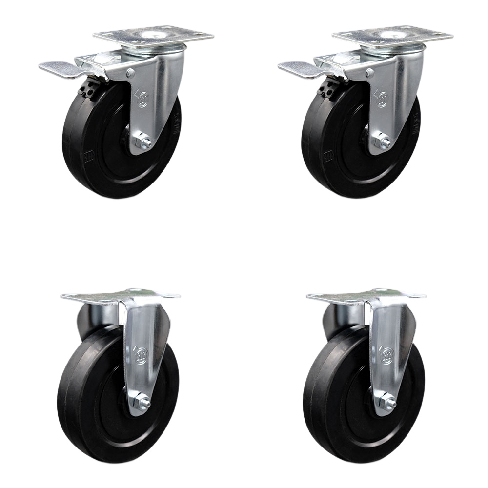 Soft Rubber Swivel Top Plate Caster Set of 4 with 5 Inch Black Wheels - Includes 2 Swivel with Total Locking Brakes and 2 Rigid - 1100 lbs. Total Capacity - Service Caster Brand — photo 1