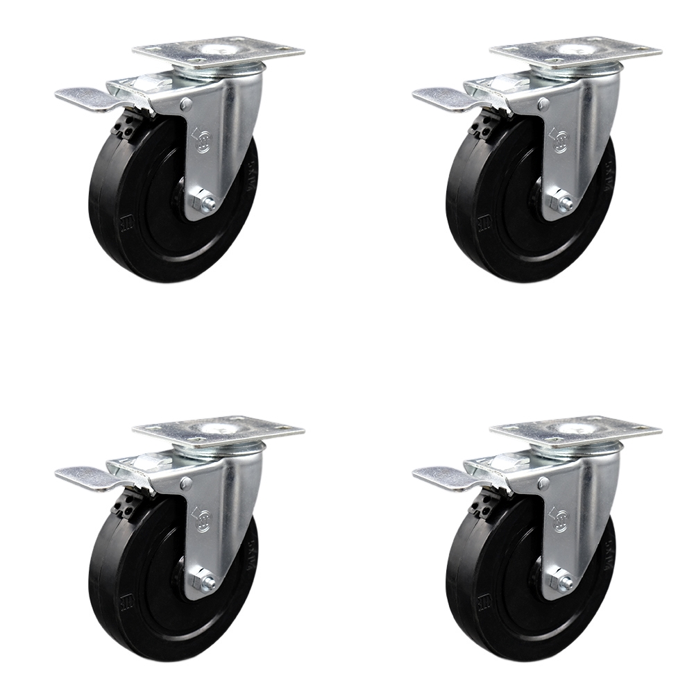 Soft Rubber Swivel Top Plate Caster Set of 4 with 5 Inch Black Wheels - Includes 4 Swivel with Total Lock Brakes - 1100 lbs. Total Capacity - Service Caster Brand — photo 1