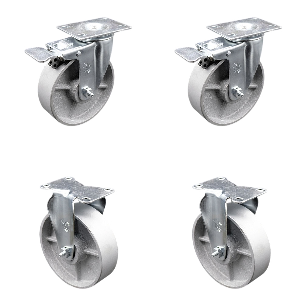 Semi Steel Cast Iron Swivel Top Plate Caster Set of 4 with Roller Bearings - 5 Inch Silver Wheels -Includes 2 Swivel with Total Locking Brakes and 2 Rigid-1200 lbs. Total Capacity-Service Caster Brand — photo 1