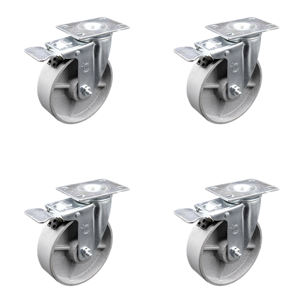 Semi Steel Cast Iron Swivel Top Plate Caster Set of 4 with Roller Bearings - 5 Inch Silver Wheels - Includes 4 Swivel with Total Lock Brakes - 1200 lbs. Total Capacity - Service Caster Brand — photo 1