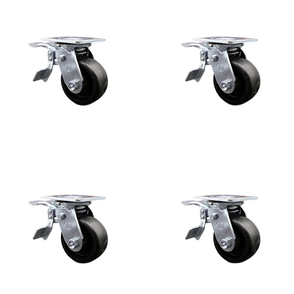 Heavy Duty Swivel Caster Set of 4 with 4 Inch High Temperature Glass Filled Nylon Wheels and Ball Bearings - Includes 4 Swivel with Total Lock Brakes - 4,800 lbs. Total Capacity - Service Caster Brand — photo 1