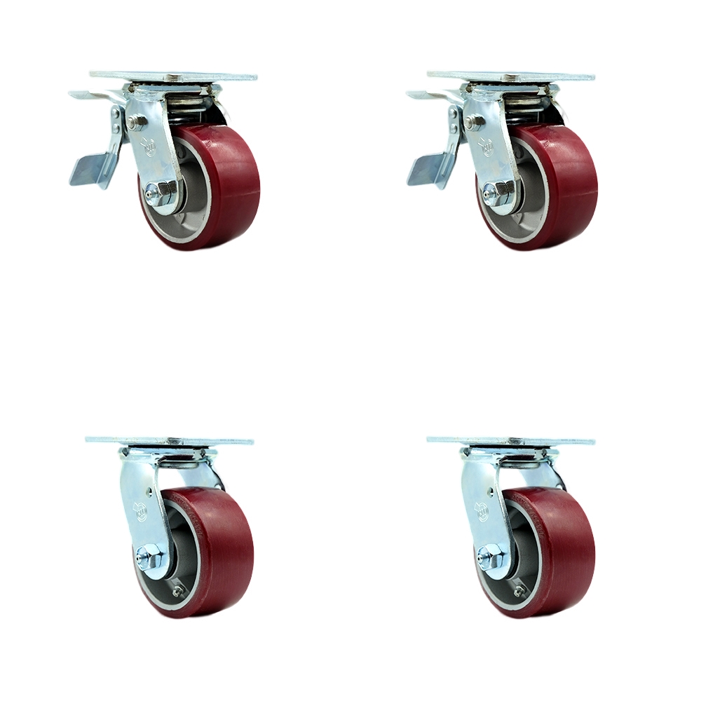 Polyurethane on Aluminum Swivel Top Plate Casters Set of 4 Heavy Duty with 4 Inch Wheels - Includes 2 Swivel with Bolt on Swivel Locks and 2 Swivel with Total Lock Brakes - Service Caster Brand — photo 1