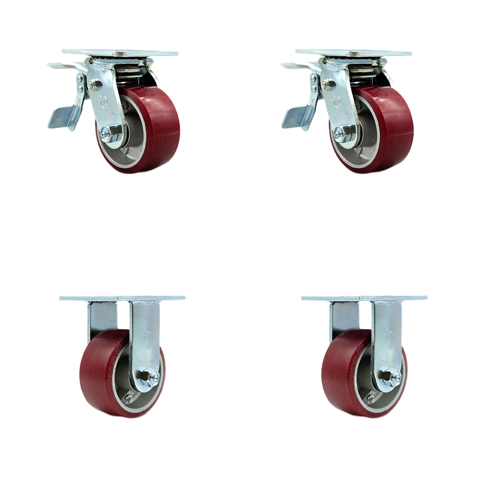 Polyurethane on Aluminum Swivel Top Plate Casters Set of 4 Heavy Duty with 4 Inch Wheels - Includes 2 Swivel with Total Lock Brakes and 2 Rigid – 2,800 lbs. Total Capacity - Service Caster Brand — photo 1