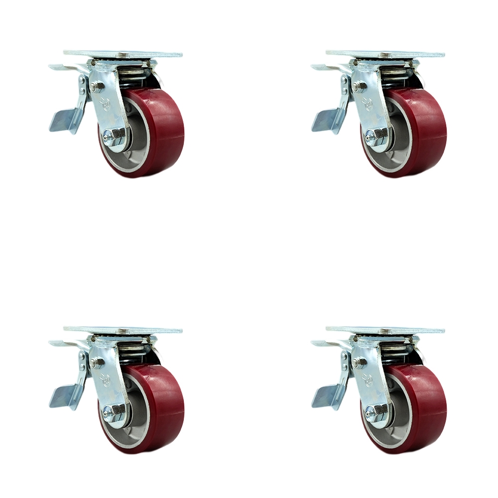 Heavy Duty Swivel Caster Set of 4 with 4 Inch Polyurethane on Aluminum Wheels and Ball Bearings - Includes 4 Swivel with Total Lock Brakes - 2,800 lbs. Total Capacity - Service Caster Brand — photo 1