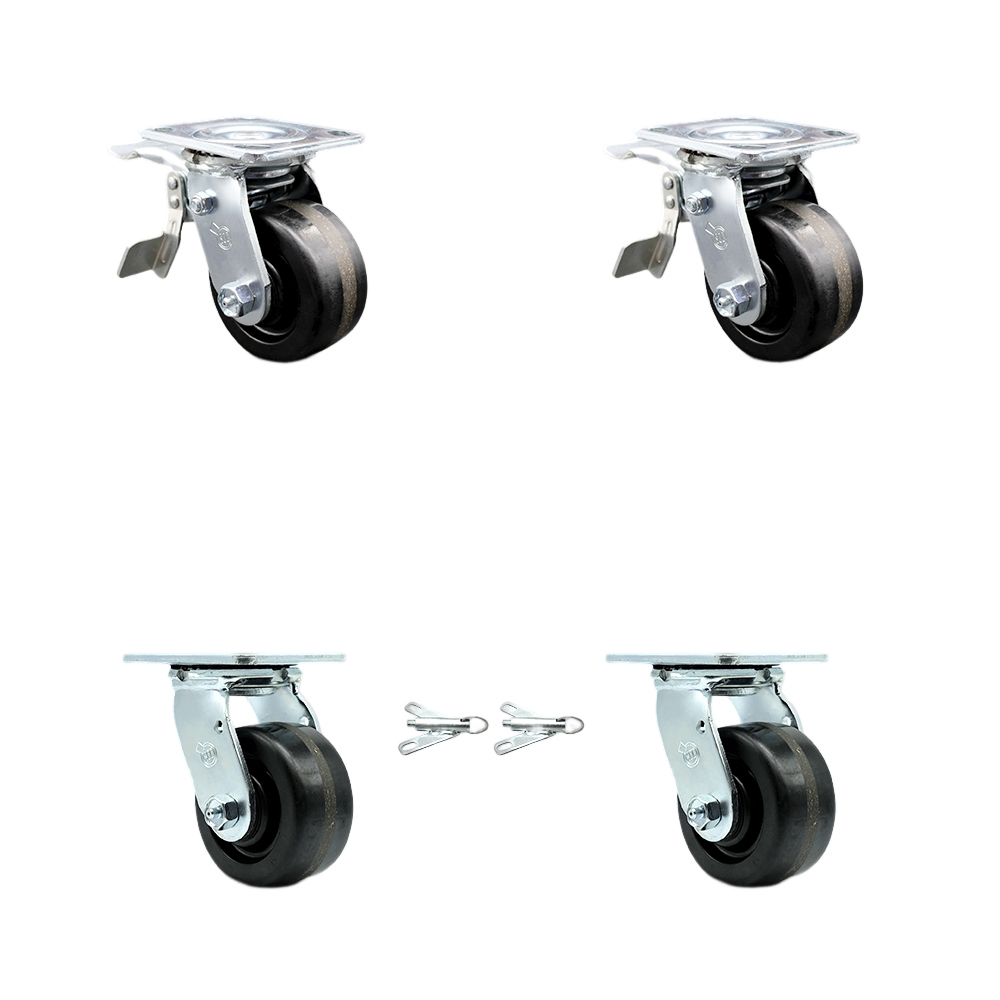 Phenolic Swivel Top Plate Casters Set of 4 Heavy Duty with 4 Inch Wheels - Includes 2 Swivel with Bolt on Swivel Locks and 2 Swivel with Total Lock Brakes - Service Caster Brand — photo 1