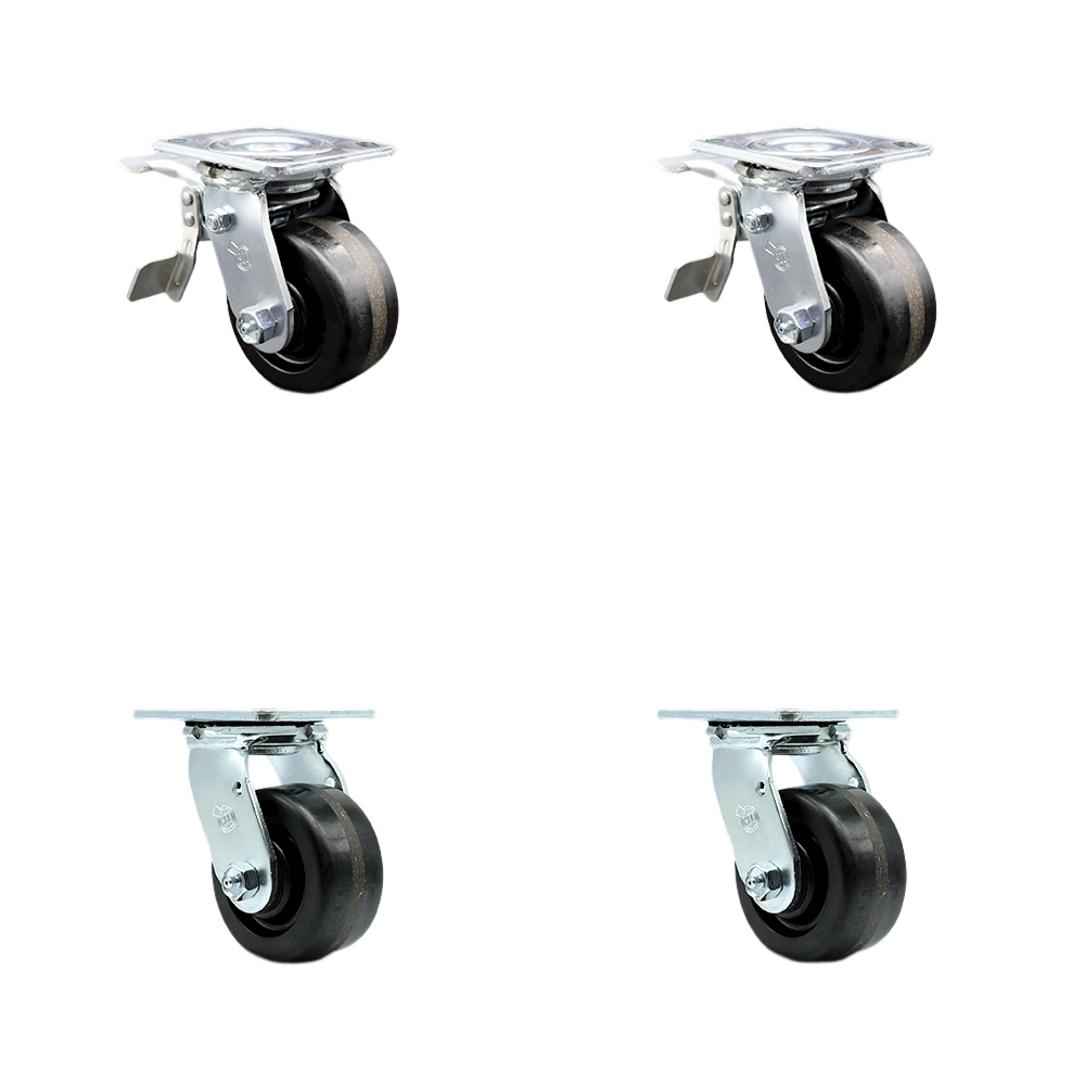 Phenolic Swivel Top Plate Casters Set of 4 Heavy Duty with 4 Inch Wheels - Includes 2 Swivel with Total Lock Brakes and 2 Swivel – 3,200 lbs. Total Capacity - Service Caster Brand — photo 1