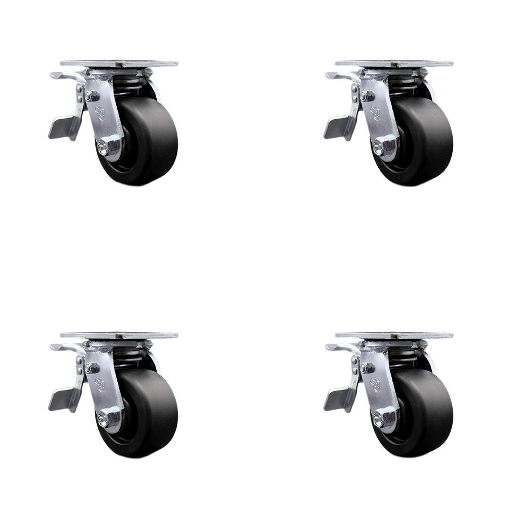 Heavy Duty Swivel Caster Set of 4 with 4 Inch Polyolefin Wheels and Ball Bearings - Includes 4 Swivel with Total Lock Brakes - 2,000 lbs. Total Capacity - Service Caster Brand — photo 1