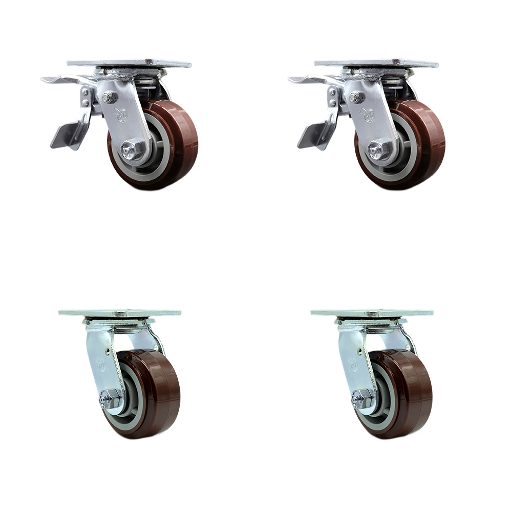Heavy Duty Swivel Caster Set of 4 with 4 Inch Polyurethane Wheels and Ball Bearings - Includes 2 Swivel with Total Lock Brakes and 2 Swivel with Bolt on Swivel Locks - Service Caster Brand — photo 1