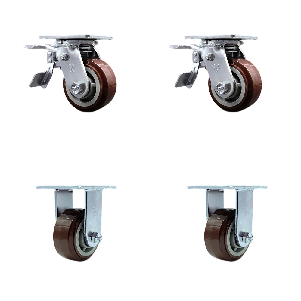 Polyurethane Swivel Top Plate Casters Set of 4 Heavy Duty with 4 Inch Wheels - Includes 2 Swivel with Total Lock Brakes and 2 Rigid – 2,400 lbs. Total Capacity - Service Caster Brand — photo 1