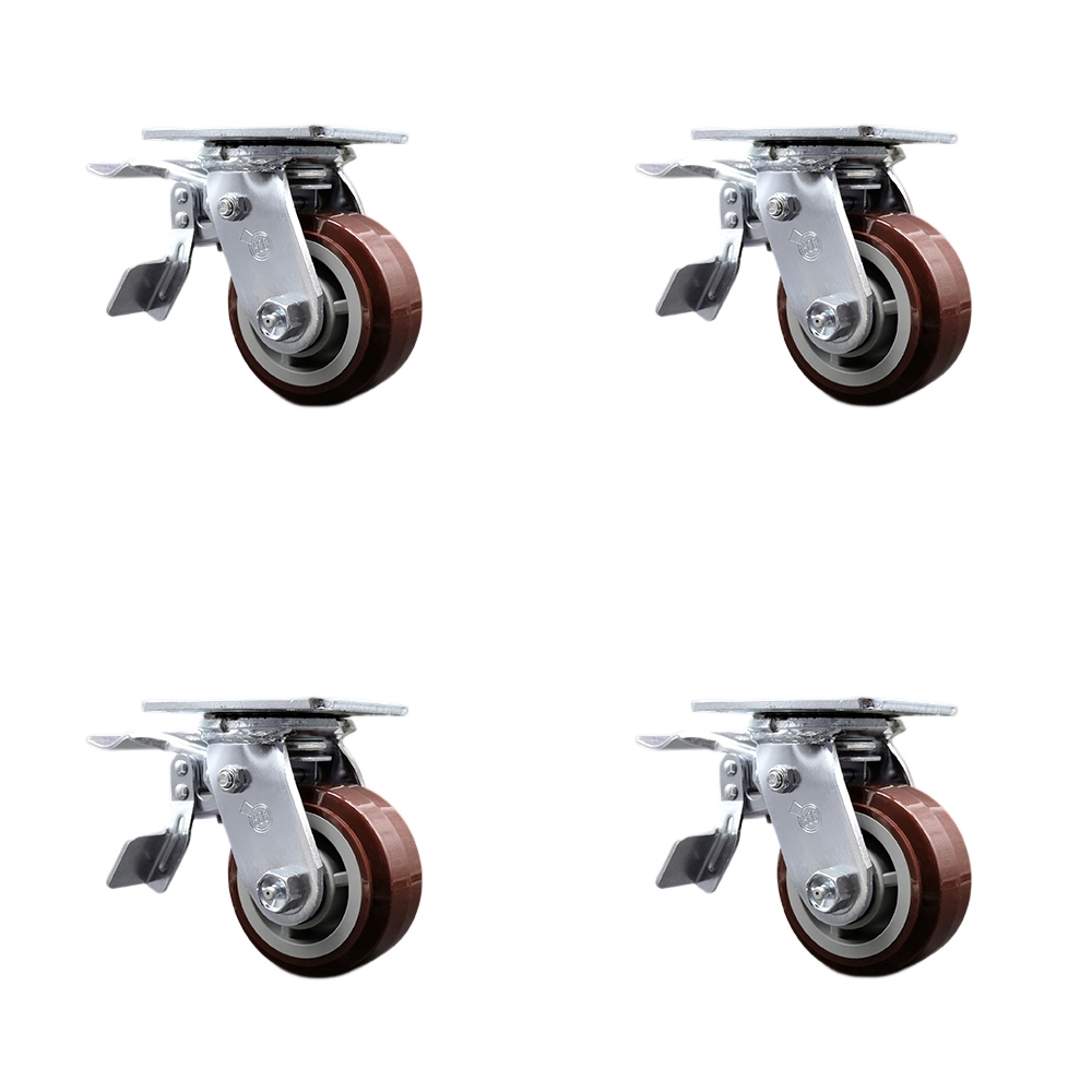 Polyurethane Swivel Top Plate Casters Set of 4 Heavy Duty with 4 Inch Wheels - Includes 4 Swivel with Total Lock Brakes – 2,400 lbs. Total Capacity - Service Caster Brand — photo 1