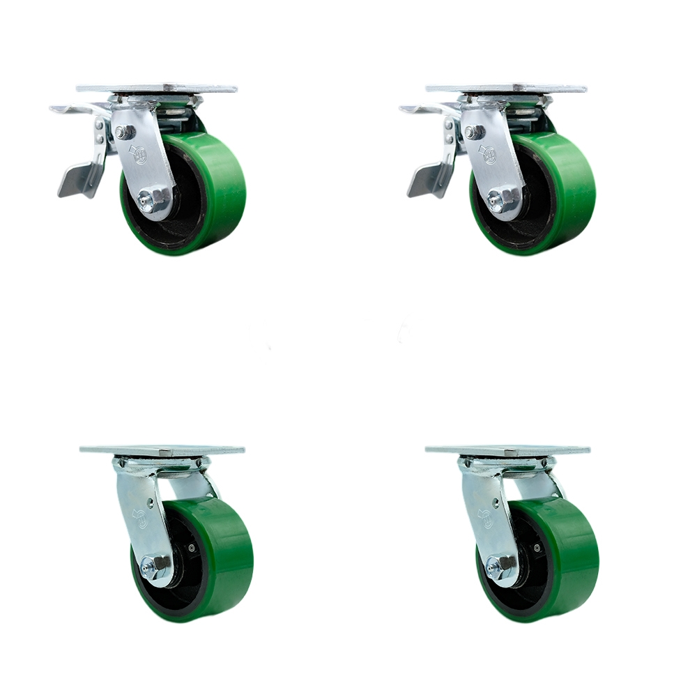 Heavy Duty Swivel Caster Set with 4 Inch Green Polyurethane on Cast Iron Wheels and Ball Bearings-Includes 2 Swivel with Total Lock Brakes and 2 Swivel with Bolt on Swivel Locks - Service Caster Brand — photo 1