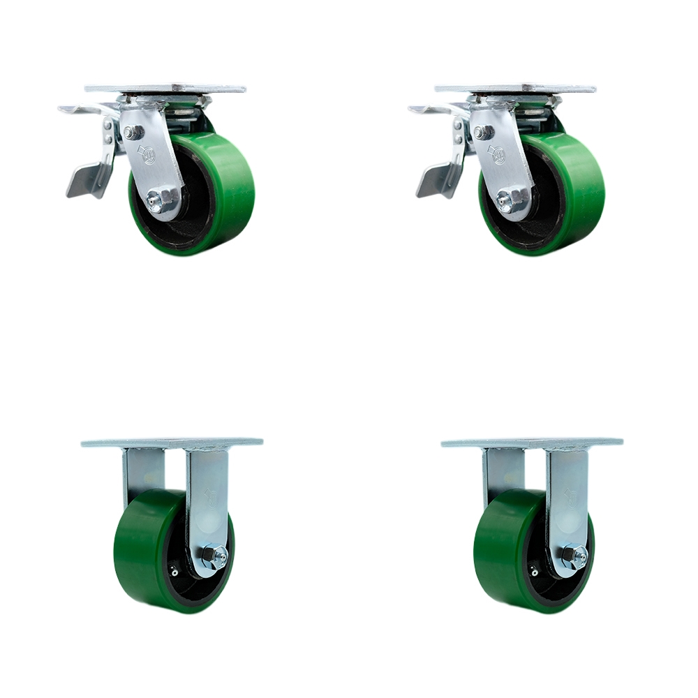 Polyurethane on Cast Iron Swivel Top Plate Casters Set of 4 Heavy Duty with 4 Inch Green Wheels - Includes 2 Swivel with Total Lock Brakes and 2 Rigid – 2,800 lbs. Total Capacity- Service Caster Brand — photo 1