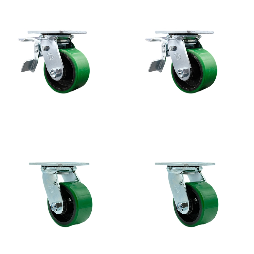 Heavy Duty Swivel Caster Set with 4 Inch Green Polyurethane on Cast Iron Wheels and Ball Bearings-Includes 2 Swivel with Total Lock Brakes and 2 Swivel-2,800 lbs. Total Capacity - Service Caster Brand — photo 1