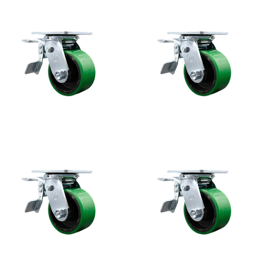 Polyurethane on Cast Iron Swivel Top Plate Casters Set of 4 Heavy Duty with 4 Inch Green Wheels - Includes 4 Swivel with Total Lock Brakes – 2,800 lbs. Total Capacity - Service Caster Brand — photo 1