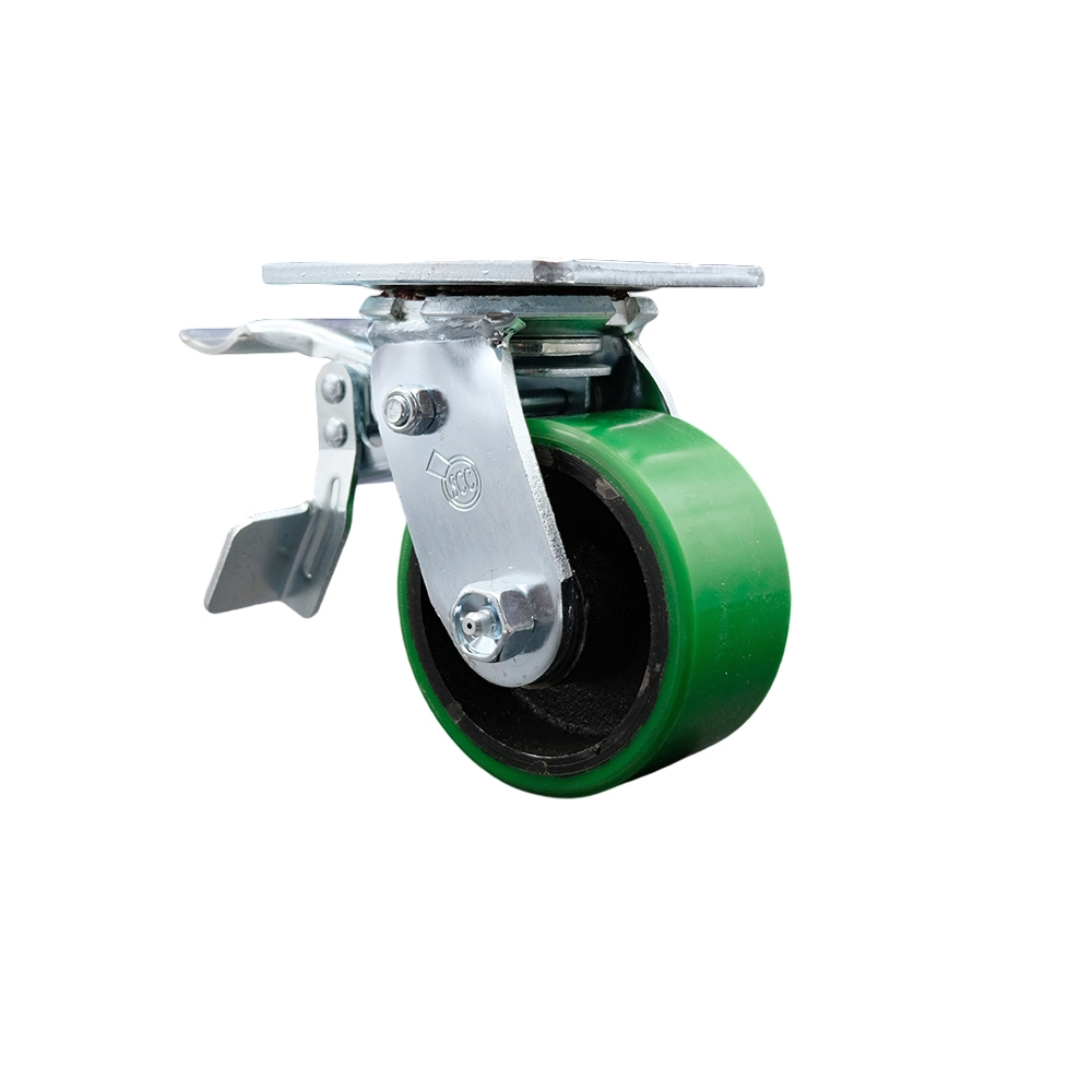 Polyurethane on Cast Iron Swivel Top Plate Heavy Duty Caster with 4 Inch Green Wheel and Total Lock Brake – 700 lbs. Capacity/Caster - Service Caster Brand — photo 1