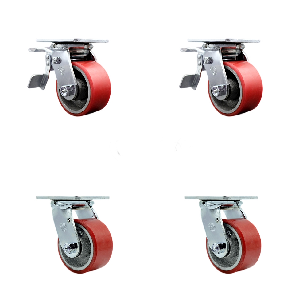 Heavy Duty Swivel Caster Set with 4 Inch Red Polyurethane on Cast Iron Wheels and Ball Bearings-Includes 2 Swivel with Total Lock Brakes and 2 Swivel with Bolt on Swivel Locks - Service Caster Brand — photo 1