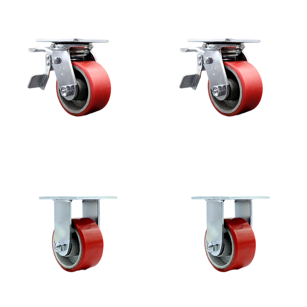 Heavy Duty Swivel Caster Set of 4 with 4 Inch Red Polyurethane on Cast Iron Wheels and Ball Bearings-Includes 2 Swivel with Total Lock Brake and 2 Rigid-2,800lbs. Total Capacity-Service Caster Brand — photo 1