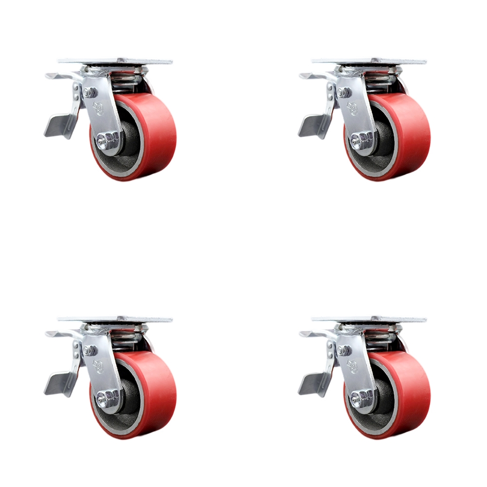 Polyurethane on Cast Iron Swivel Top Plate Casters Set of 4 Heavy Duty with 4 Inch Red Wheels - Includes 4 Swivel with Total Lock Brakes – 2,800 lbs. Total Capacity - Service Caster Brand — photo 1