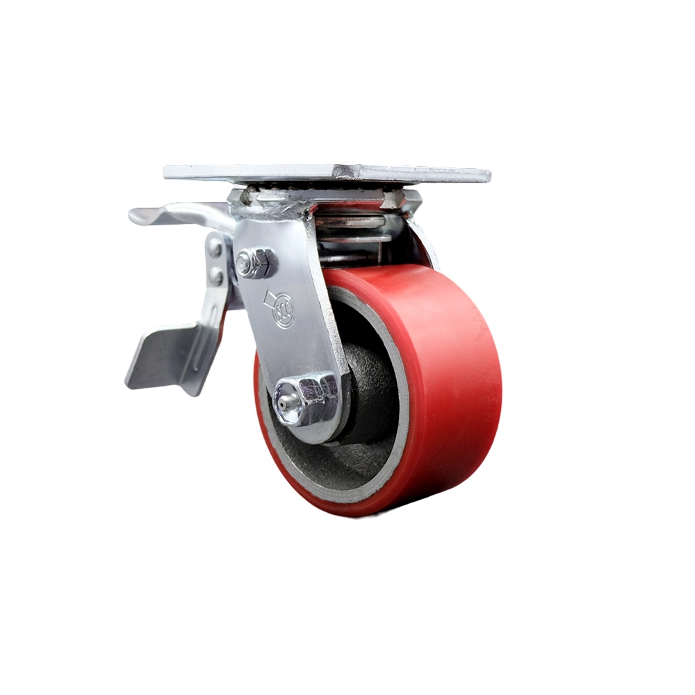 Polyurethane on Cast Iron Swivel Top Plate Heavy Duty Caster with 4 Inch Red Wheel and Total Lock Brake – 700 lbs. Capacity/Caster - Service Caster Brand — photo 1