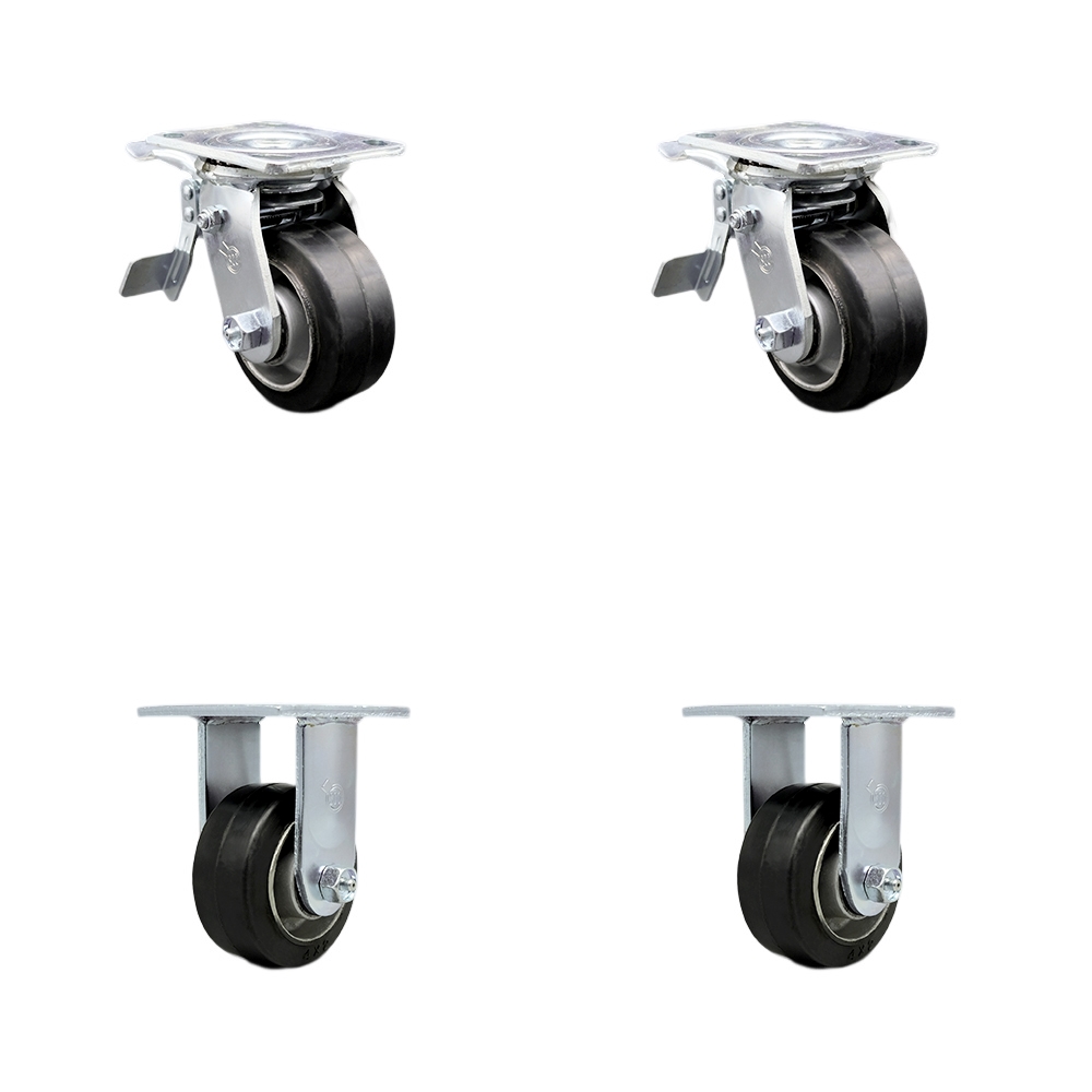 Rubber on Aluminum Swivel Top Plate Casters Set of 4 Heavy Duty with 4 Inch Wheels - Includes 2 Swivel with Total Lock Brakes and 2 Rigid – 1,600 lbs. Total Capacity - Service Caster Brand — photo 1