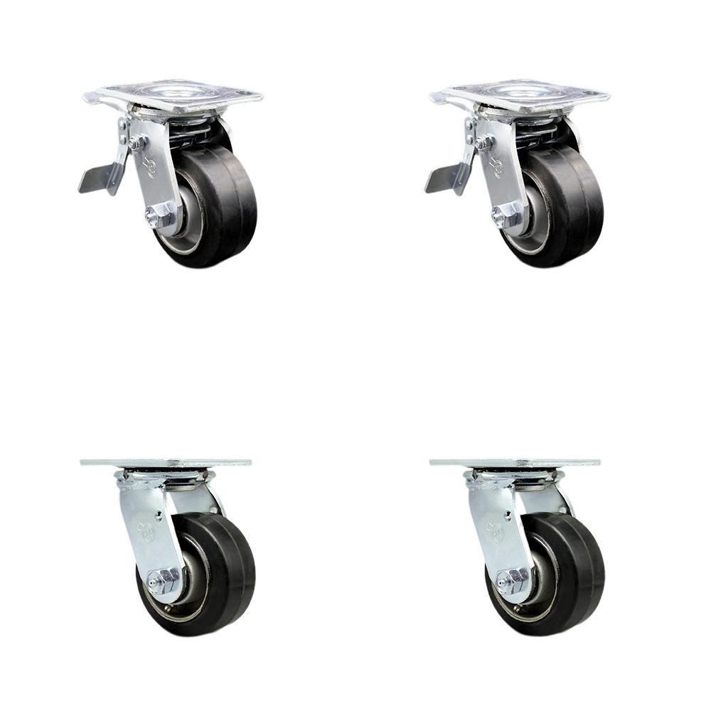 Heavy Duty Swivel Caster Set of 4 with 4 Inch Rubber on Aluminum Wheels and Ball Bearings - Includes 2 Swivel with Total Lock Brakes and 2 Swivel–1,600 lbs. Total Capacity - Service Caster Brand — photo 1