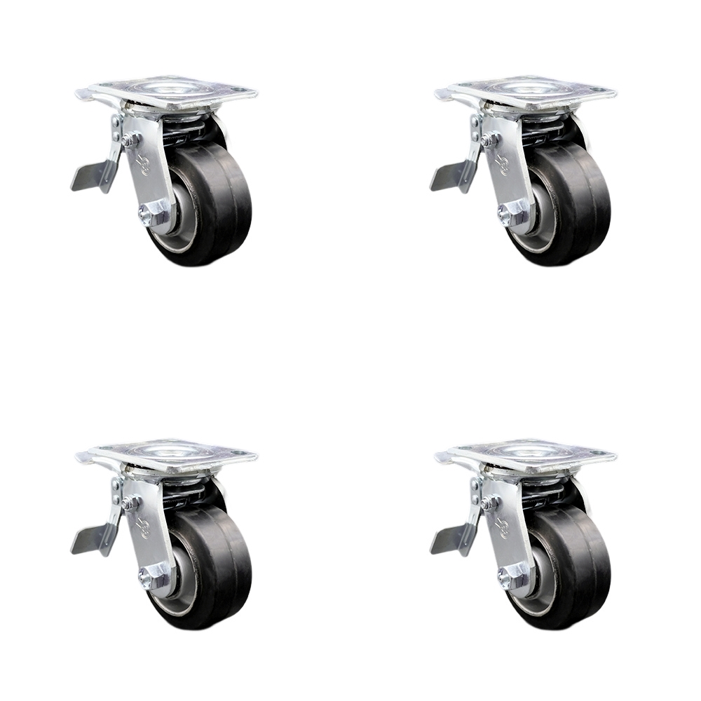 Rubber on Aluminum Swivel Top Plate Casters Set of 4 Heavy Duty with 4 Inch Wheels - Includes 4 Swivel with Total Lock Brakes – 1,600 lbs. Total Capacity - Service Caster Brand — photo 1