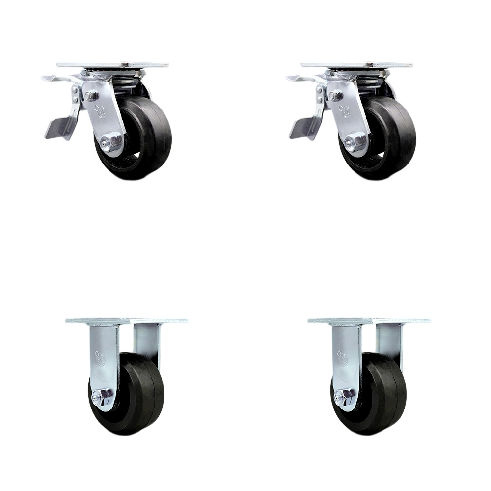Rubber on Metal Swivel Top Plate Casters Set of 4 Heavy Duty with 4 Inch Wheels - Includes 2 Swivel with Total Lock Brakes and 2 Rigid – 1,600 lbs. Total Capacity - Service Caster Brand — photo 1