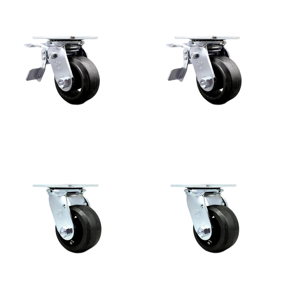 Heavy Duty Swivel Caster Set of 4 with 4 Inch Rubber on Metal Wheels and Ball Bearings - Includes 2 Swivel with Total Lock Brakes and 2 Swivel – 1,600 lbs. Total Capacity - Service Caster Brand — photo 1