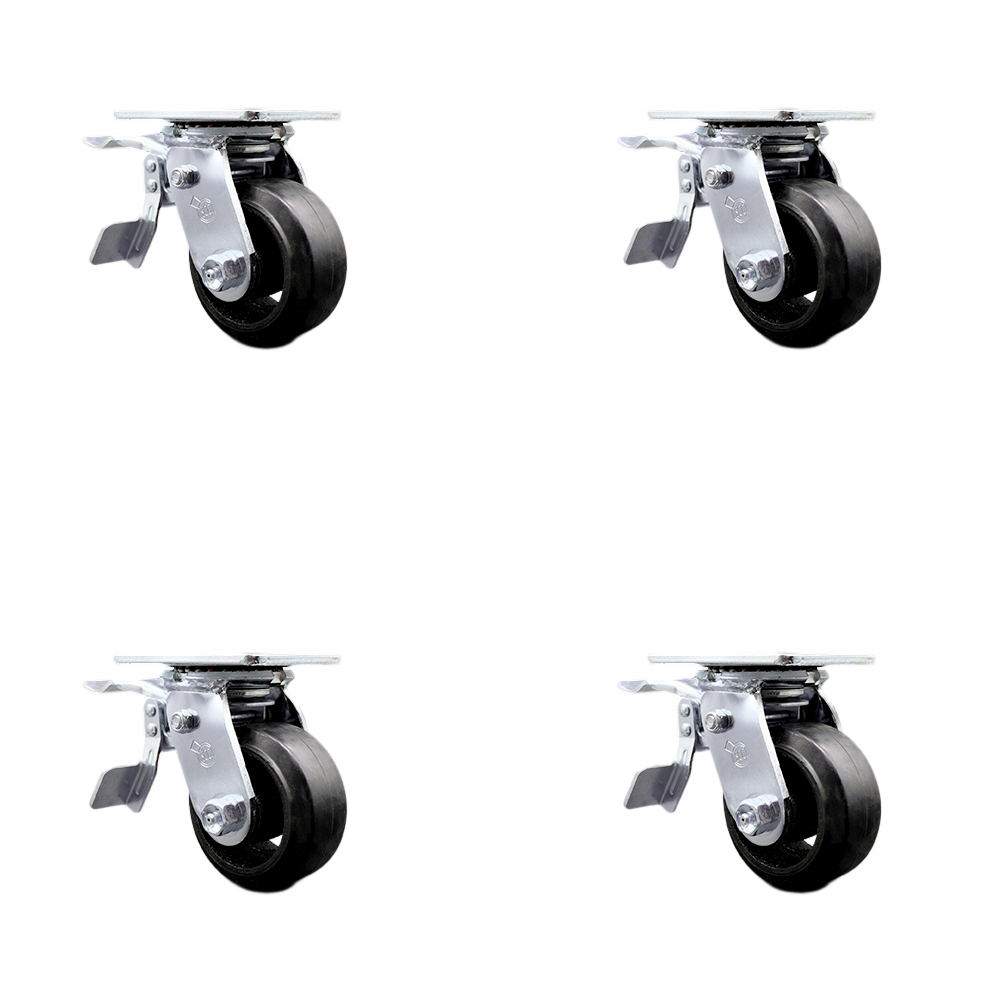 Heavy Duty Swivel Caster Set of 4 with 4 Inch Rubber on Metal Wheels and Ball Bearings - Includes 4 Swivel with Total Lock Brakes - 1,600 lbs. Total Capacity - Service Caster Brand — photo 1