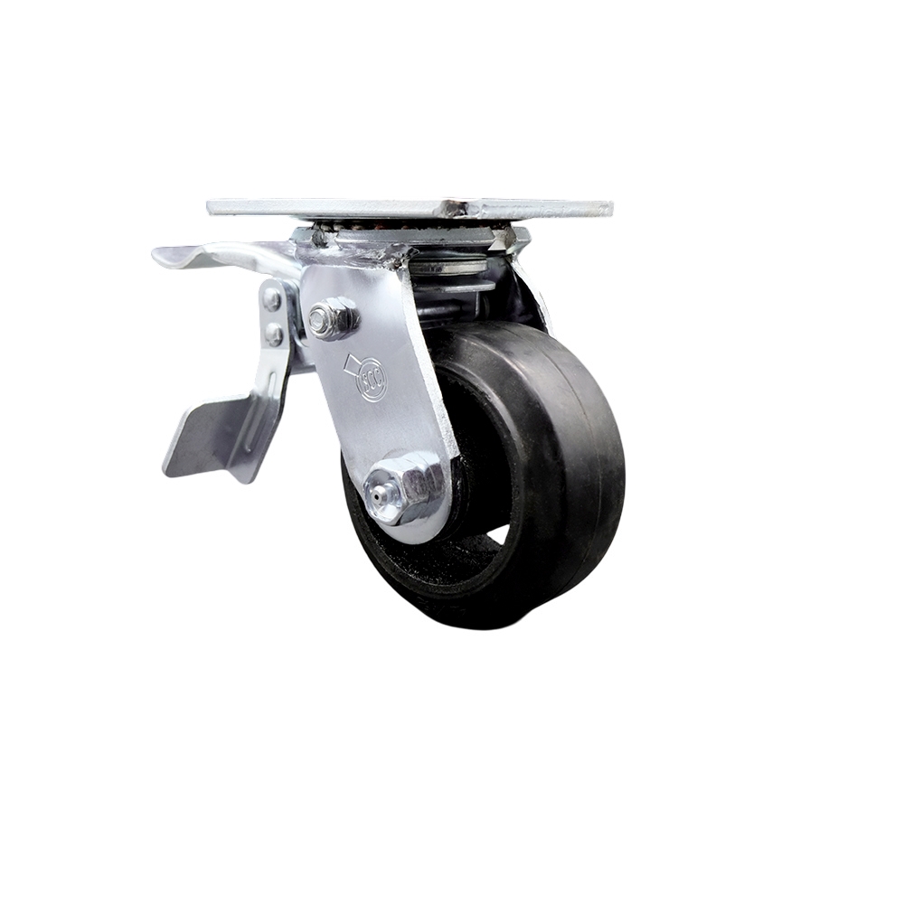 Heavy Duty Swivel Top Plate Caster with Total Lock Brake and 4 Inch Rubber on Metal Wheel with Ball Bearings - 400 lbs. Capacity/Caster - Service Caster Brand — photo 1