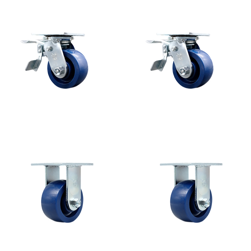 Heavy Duty Swivel Caster Set of 4 with 4 Inch Solid Polyurethane Wheels and Ball Bearings - Includes 2 Swivel with Total Lock Brakes and 2 Rigid – 2,800 lbs. Total Capacity - Service Caster Brand — photo 1
