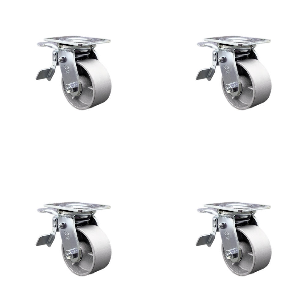Heavy Duty Swivel Caster Set of 4 with 4 Inch Semi Steel Cast Iron Wheels and Ball Bearings - Includes 4 Swivel with Total Lock Brakes - 4,000 lbs. Total Capacity - Service Caster Brand — photo 1