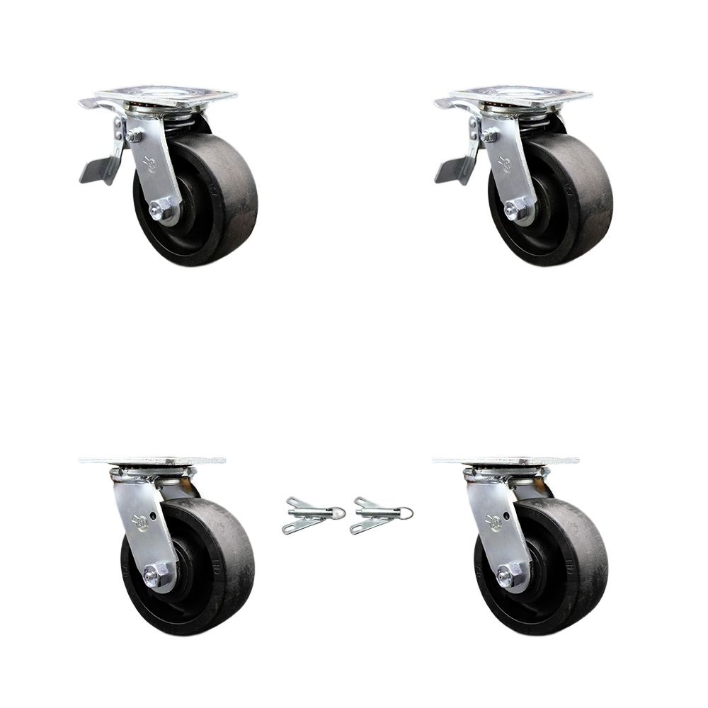 Heavy Duty Swivel Caster Set with 5 Inch High Temp Glass Filled Nylon Wheels and Ball Bearings - Includes 2 Swivel with Total Lock Brakes and 2 Swivel with Bolt on Swivel Locks - Service Caster Brand — photo 1