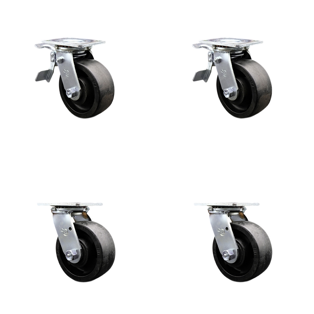 Glass Filled Nylon Swivel Top Plate Casters Set of 4 Heavy Duty with 5 Inch Wheels - Includes 2 Swivel with Total Lock Brakes and 2 Swivel – 5,000 lbs. Total Capacity - Service Caster Brand — photo 1