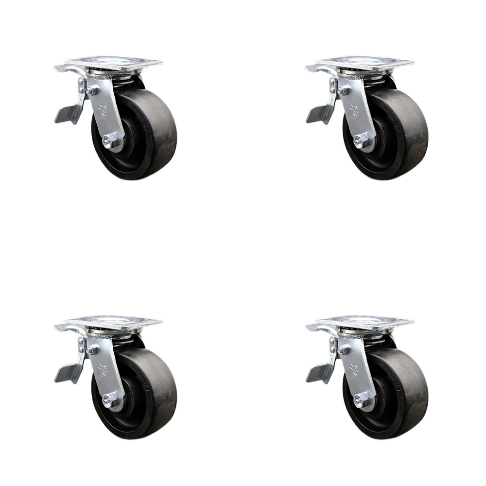 Heavy Duty Swivel Caster Set of 4 with 5 Inch High Temperature Glass Filled Nylon Wheels and Ball Bearings - Includes 4 Swivel with Total Lock Brakes - 5,000 lbs. Total Capacity - Service Caster Brand — photo 1