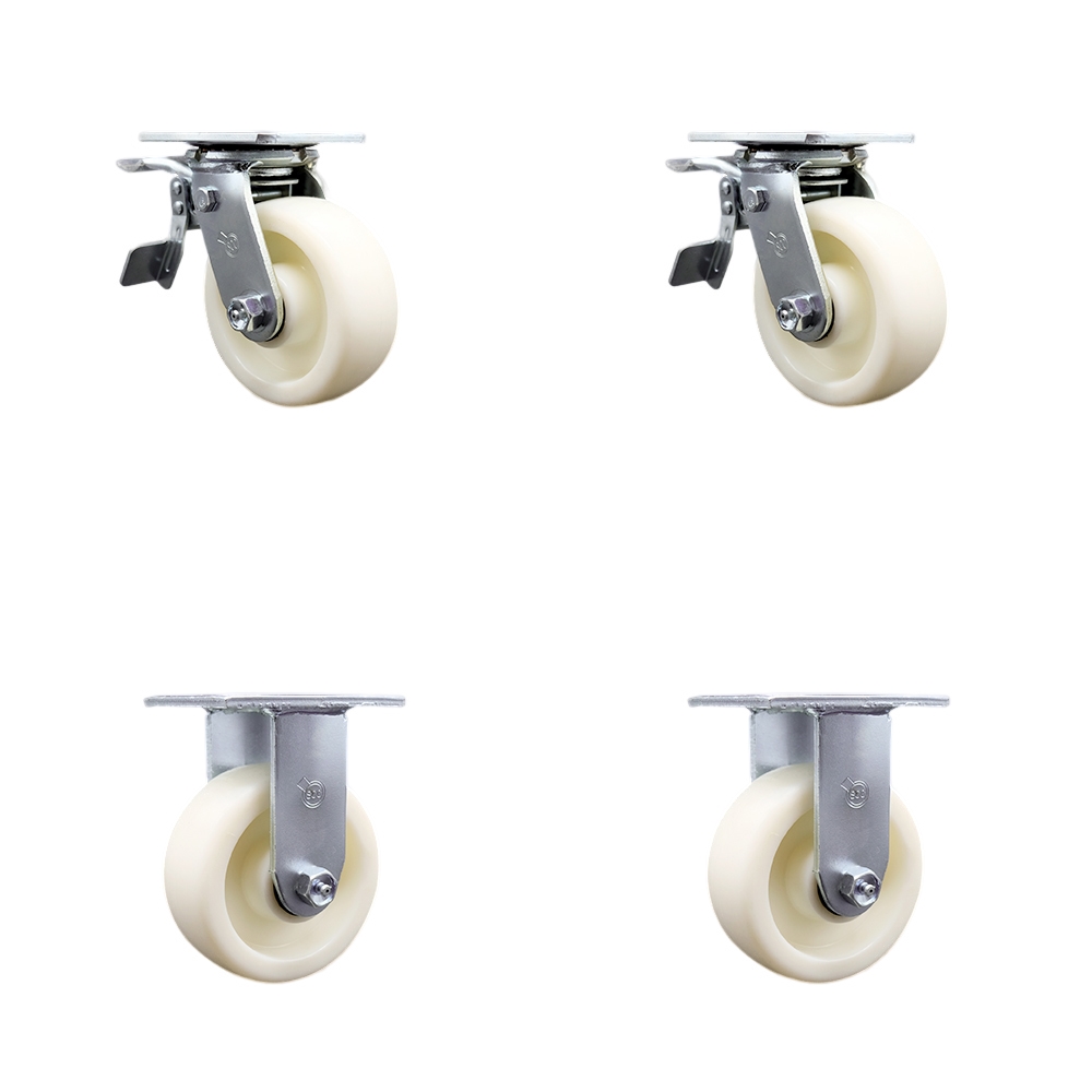 Heavy Duty Swivel Caster Set of 4 with 5 Inch Nylon Wheels and Ball Bearings - Includes 2 Swivel with Total Lock Brakes and 2 Rigid – 3,600 lbs. Total Capacity - Service Caster Brand — photo 1