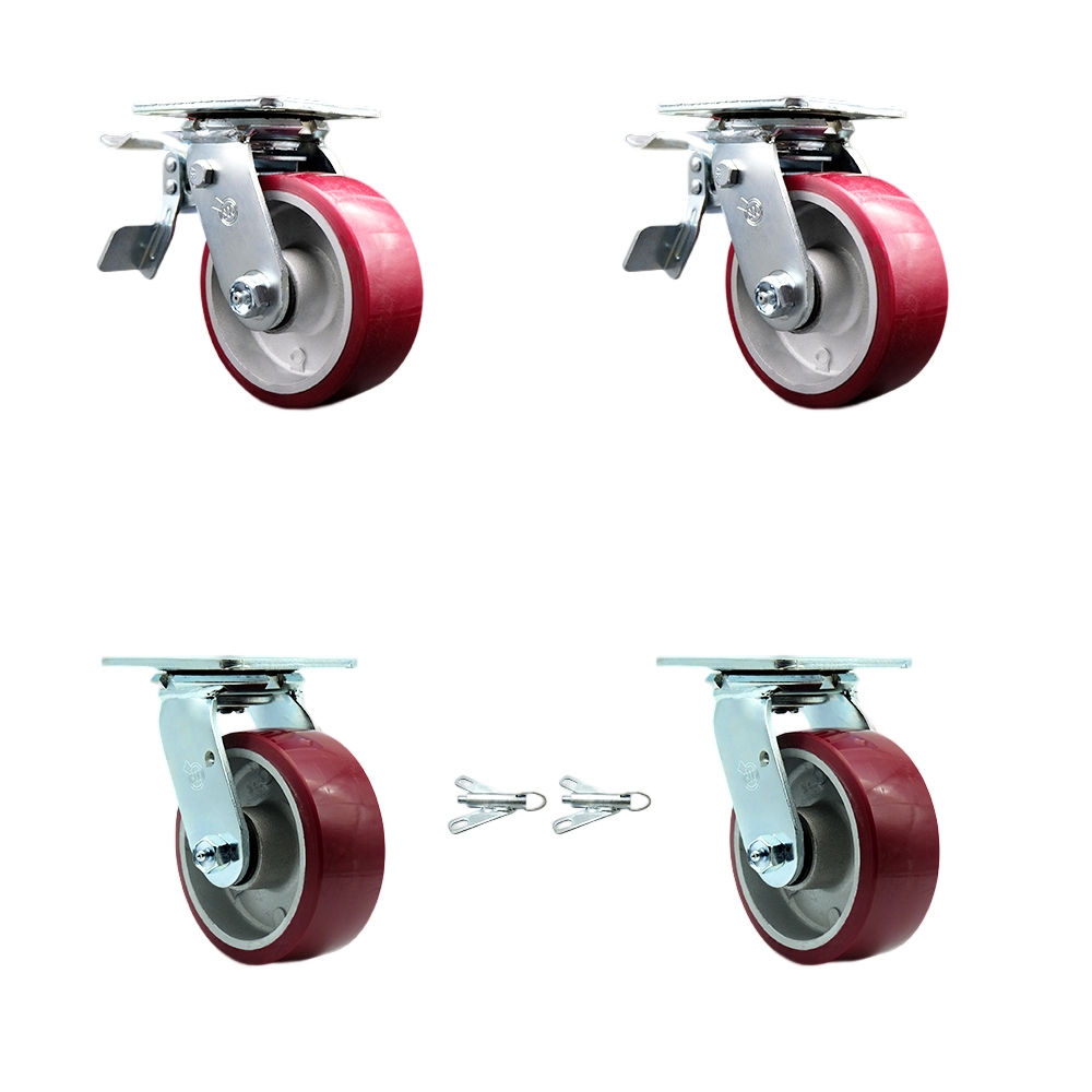 Polyurethane on Aluminum Swivel Top Plate Casters Set of 4 Heavy Duty with 5 Inch Wheels - Includes 2 Swivel with Bolt on Swivel Locks and 2 Swivel with Total Lock Brakes - Service Caster Brand — photo 1