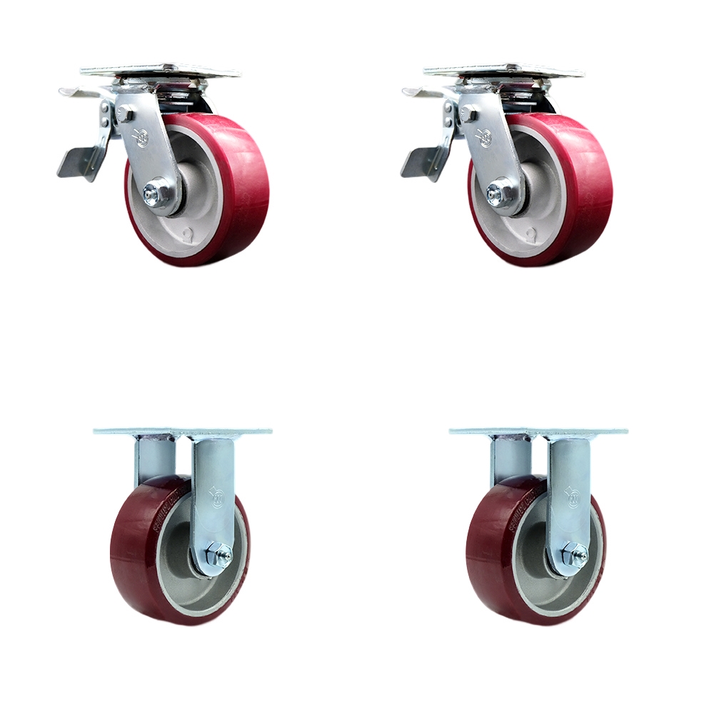 Heavy Duty Swivel Caster Set of 4 with 5 Inch Polyurethane on Aluminum Wheels and Ball Bearings - Includes 2 Swivel with Total Lock Brakes and 2 Rigid – 3,600lbs. Total Capacity - Service Caster Brand — photo 1
