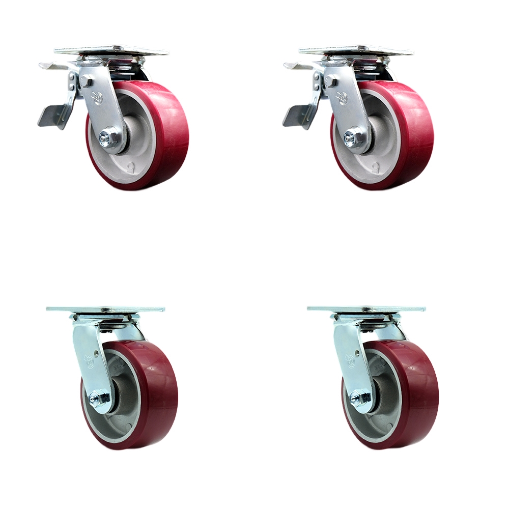 Heavy Duty Swivel Caster Set of 4 with 5 Inch Polyurethane on Aluminum Wheels and Ball Bearings - Includes 2 Swivel with Total Lock Brakes and 2 Swivel–3,600 lbs. Total Capacity - Service Caster Brand — photo 1