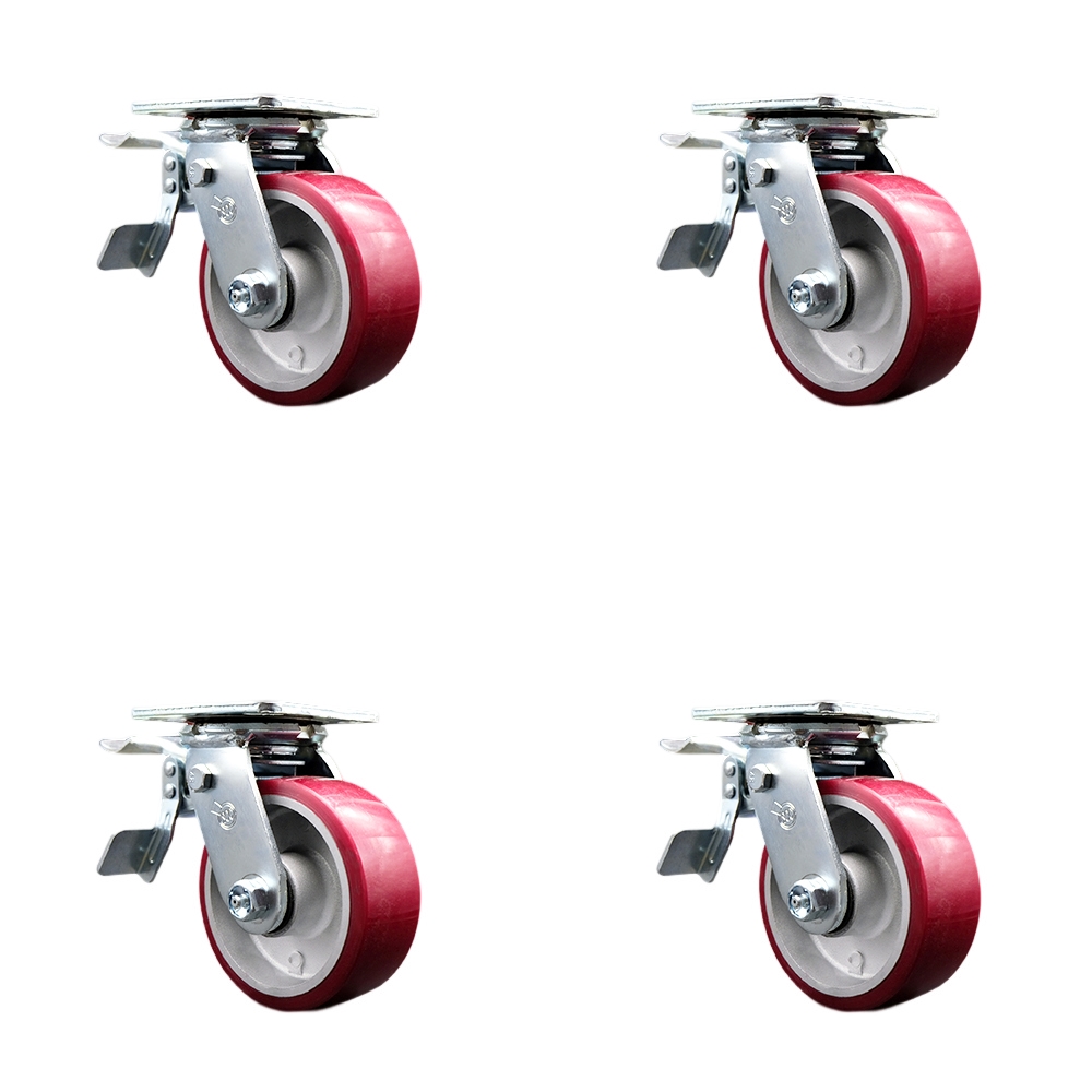Heavy Duty Swivel Caster Set of 4 with 5 Inch Polyurethane on Aluminum Wheels and Ball Bearings - Includes 4 Swivel with Total Lock Brakes - 3,600 lbs. Total Capacity - Service Caster Brand — photo 1