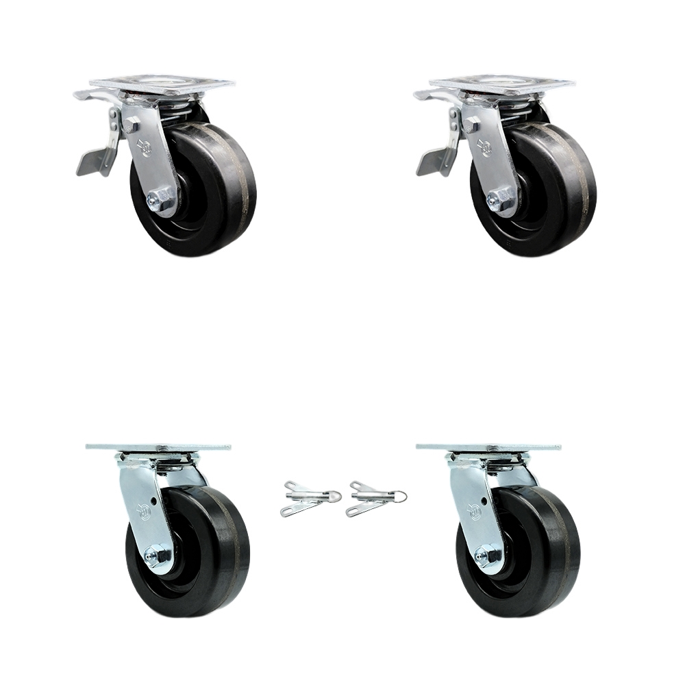 Phenolic Swivel Top Plate Casters Set of 4 Heavy Duty with 5 Inch Wheels - Includes 2 Swivel with Bolt on Swivel Locks and 2 Swivel with Total Lock Brakes - Service Caster Brand — photo 1